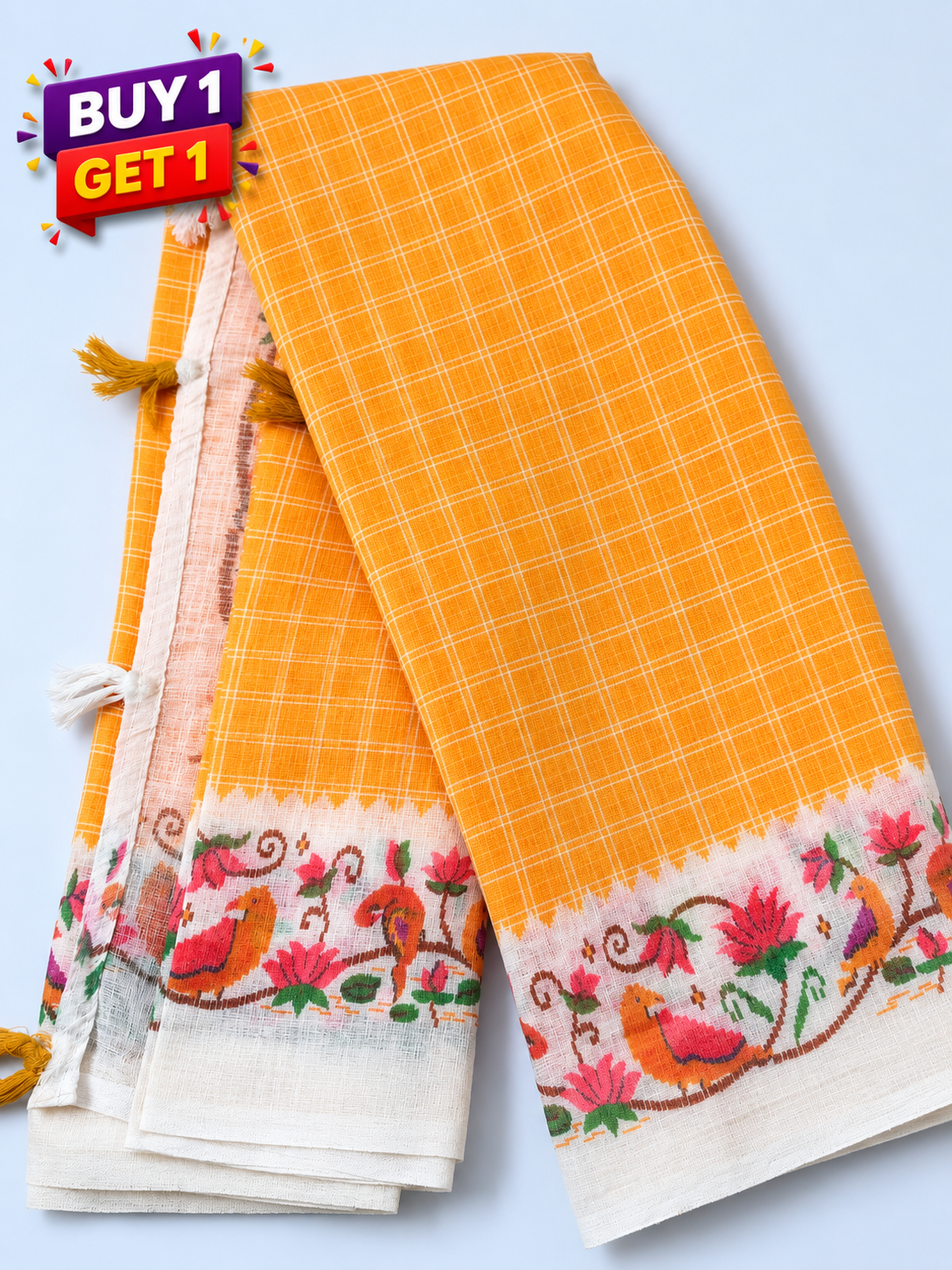 Yellow Checked Linen Cotton Saree with Floral Bird Border