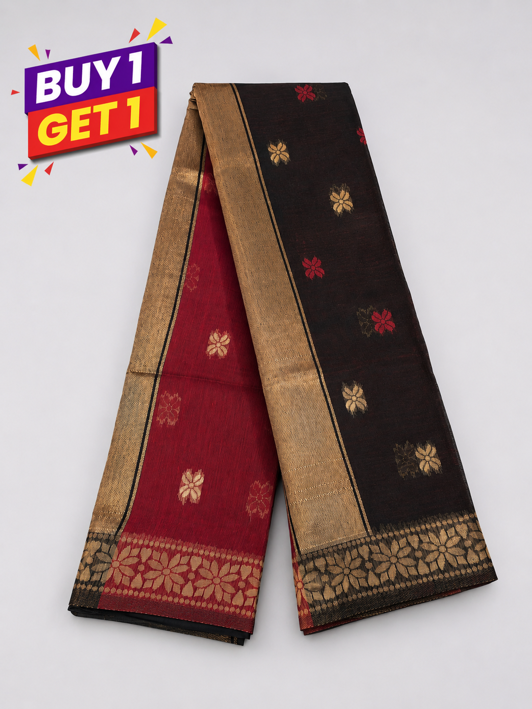 Black & Maroon Soft Silk Saree with Gold Zari Floral Border