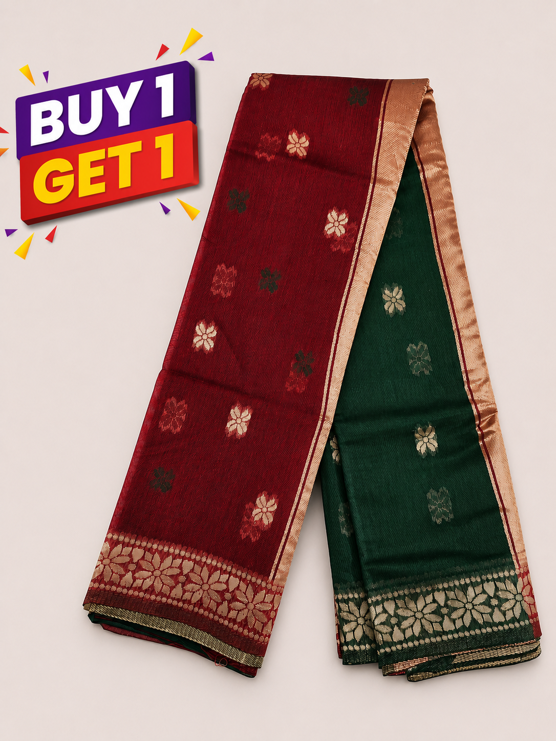 Maroon & Bottle Green Soft Silk Saree with Gold Zari Floral Border