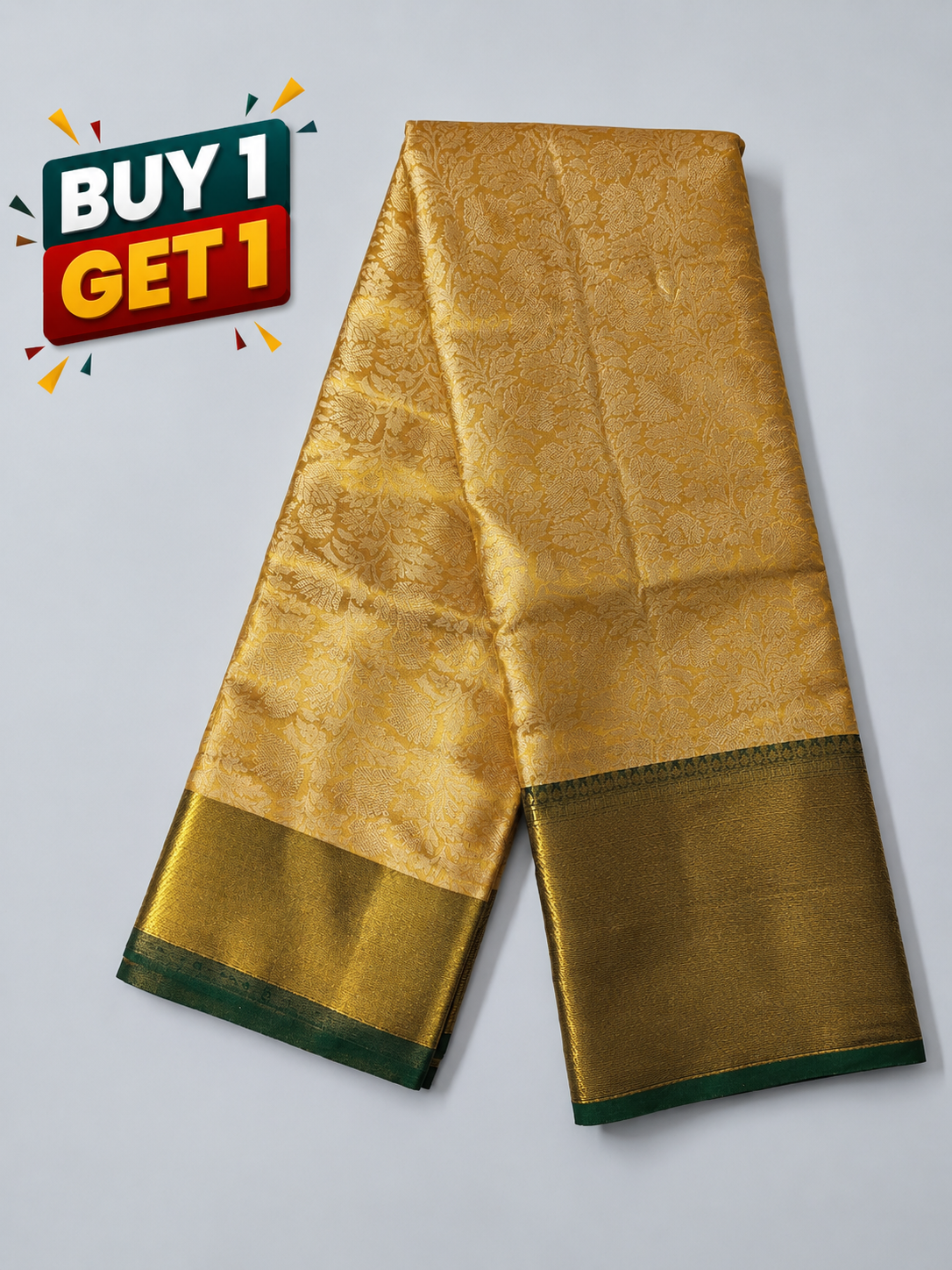 Golden Soft Silk Saree with Green Contrast Border & Floral Zari Weaving