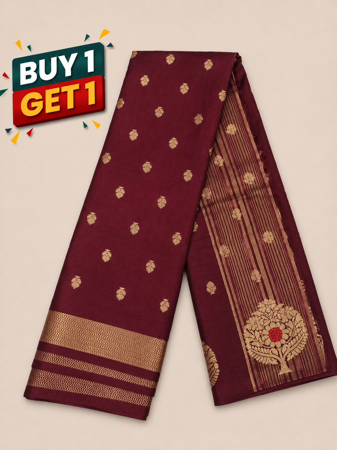 Wine Maroon Soft Silk Saree with Gold Zari Buttas & Floral Designer Pallu