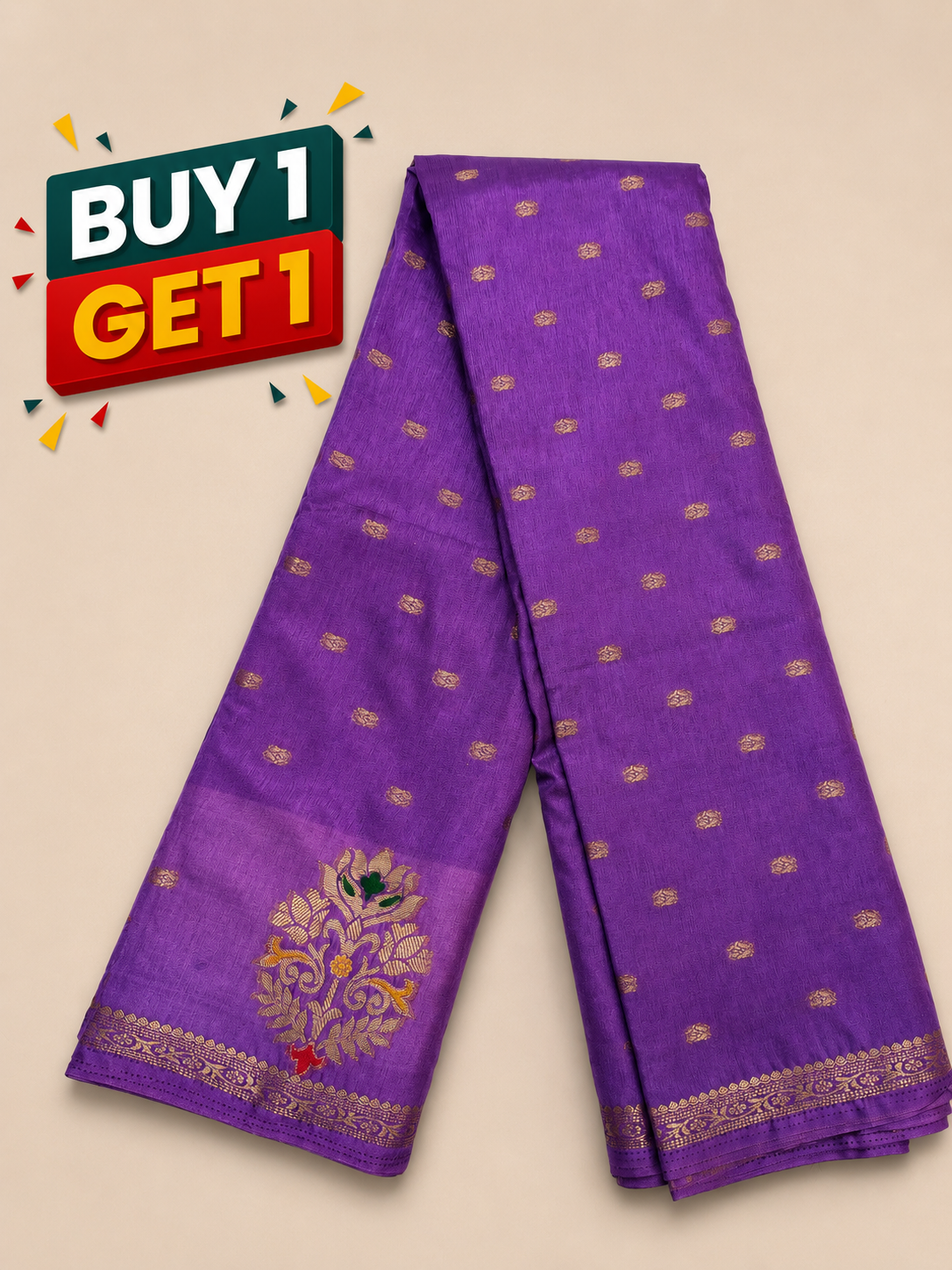 Purple Silk Saree with Gold Butti Motifs & Floral Zari Border