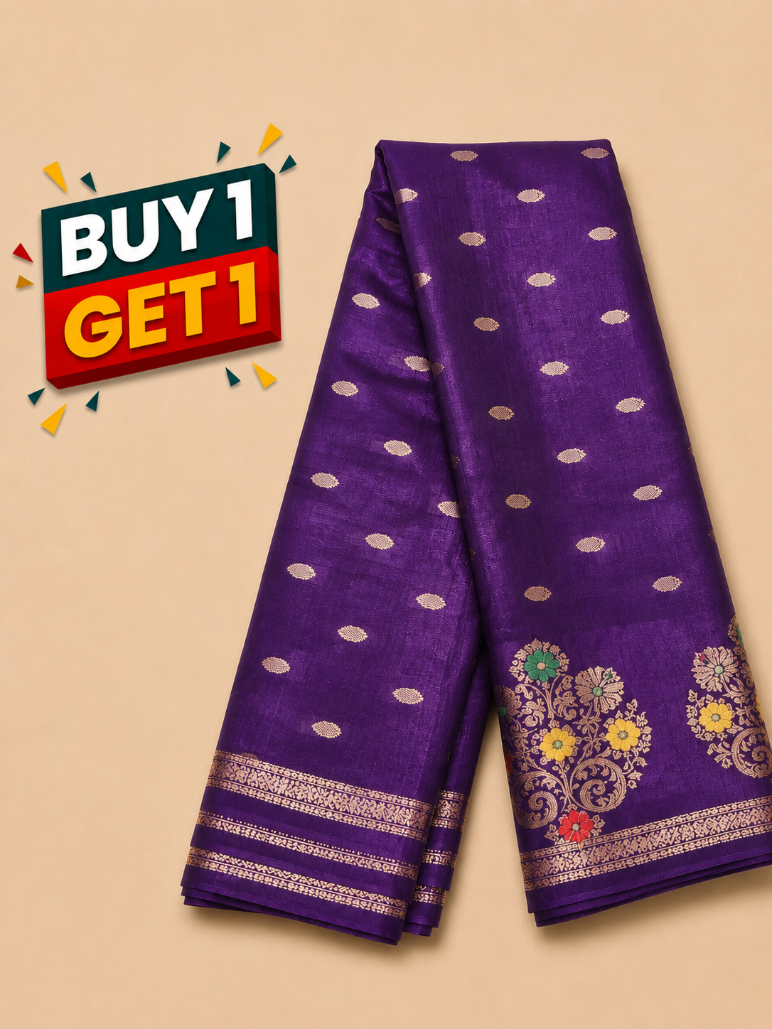 Purple Soft Silk Saree with Gold Zari Buttas & Floral Designer Pallu