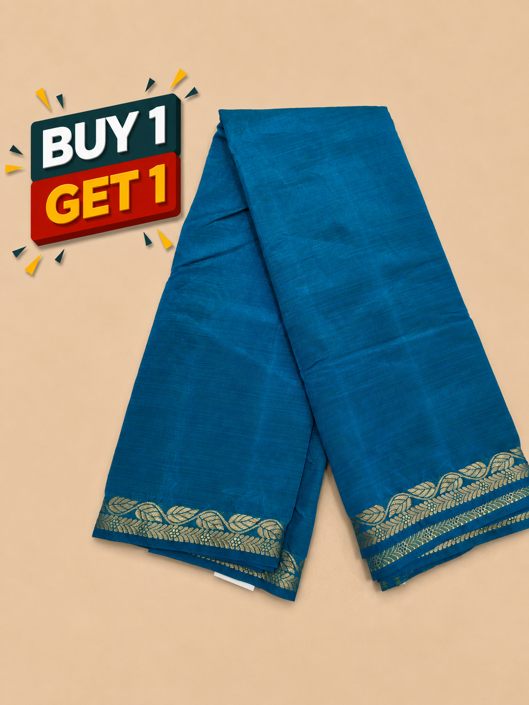 Teal Blue Soft Silk Saree with Elegant Gold Zari Leaf Border