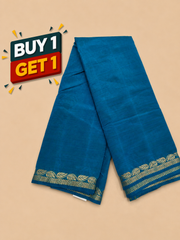 Teal Blue Soft Silk Saree with Elegant Gold Zari Leaf Border