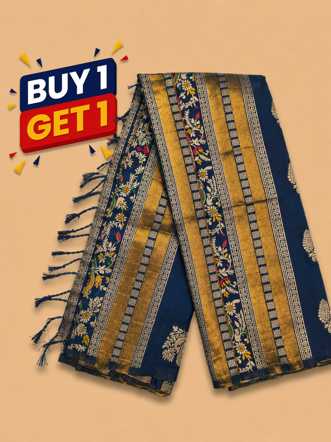 Navy Blue Banarasi Saree with Rich Gold Zari & Floral Woven Border