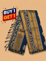 Navy Blue Banarasi Saree with Rich Gold Zari & Floral Woven Border