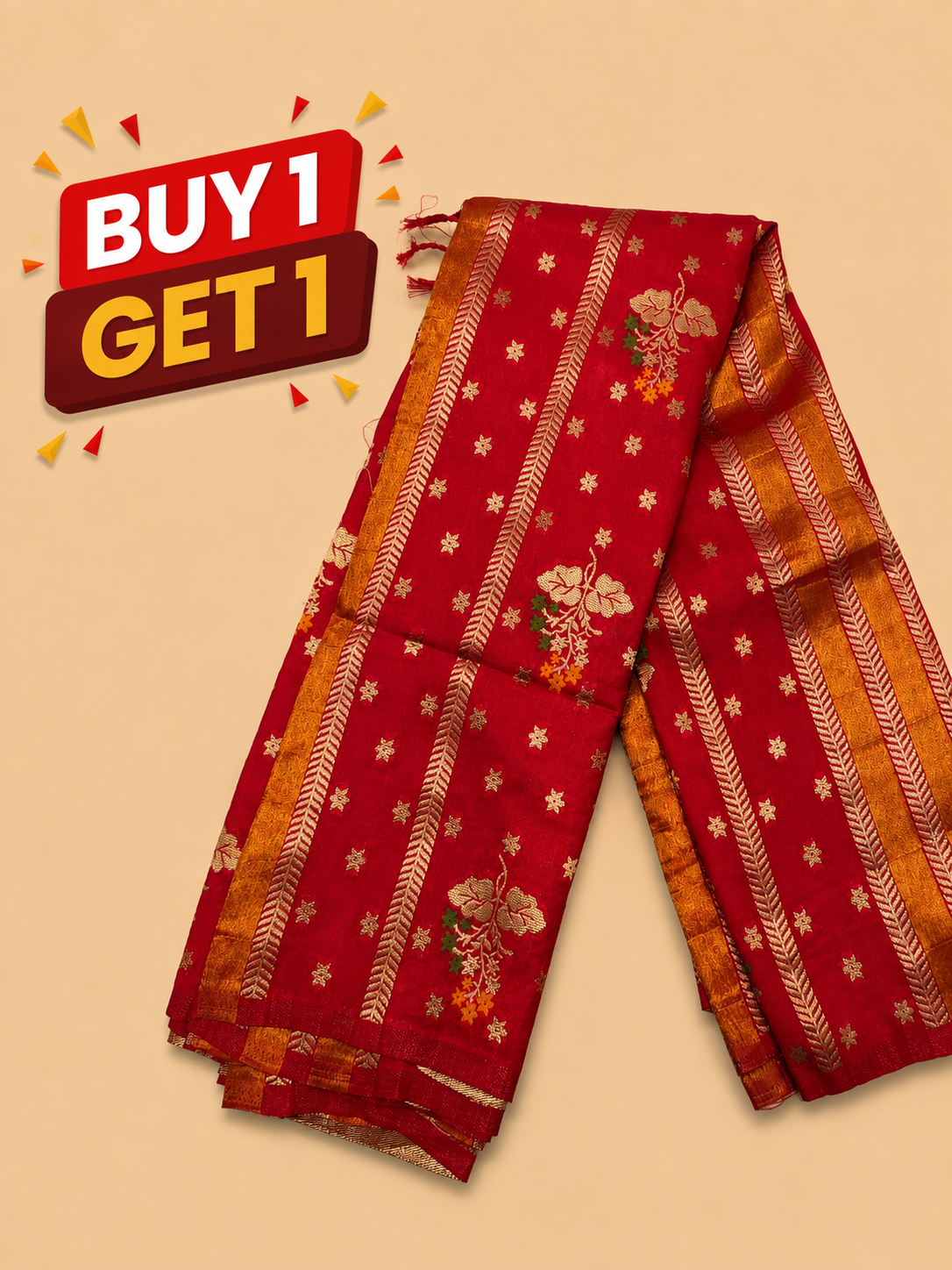 Red Banarasi Saree with Rich Gold Zari Stripes & Floral Motifs