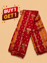 Red Banarasi Saree with Rich Gold Zari Stripes & Floral Motifs