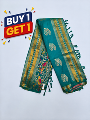 Teal Green Banarasi Silk Saree with Gold Zari & Peacock Floral Weave
