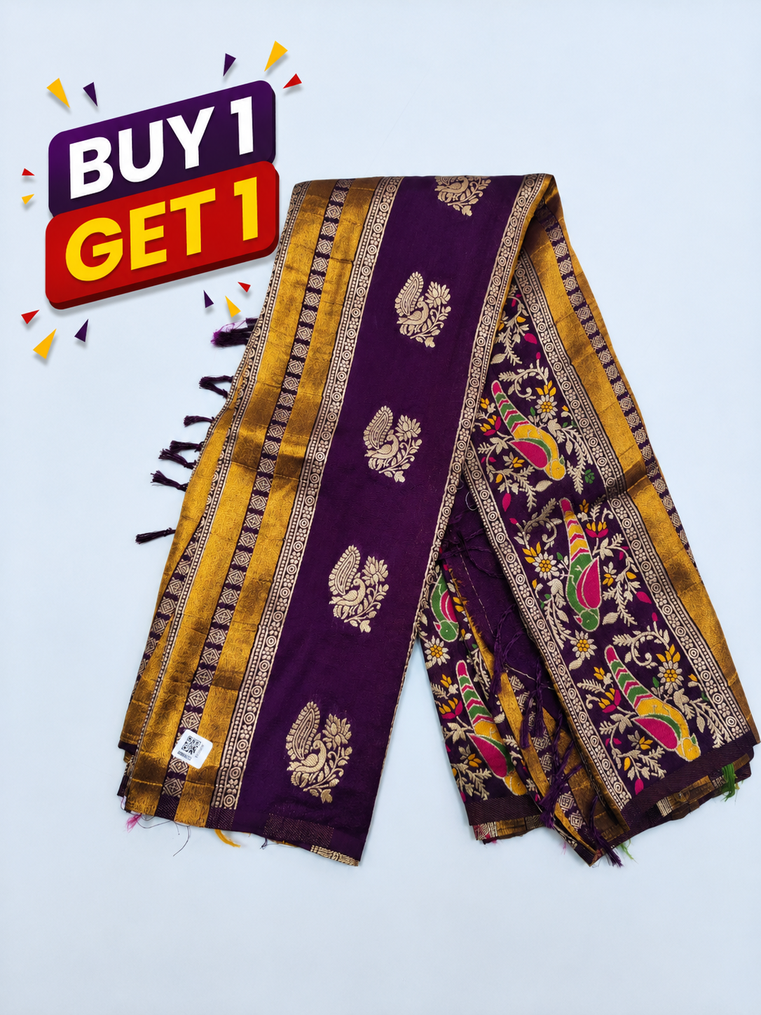 Royal Purple Banarasi Silk Saree with Gold Zari & Multicolor Peacock Floral Pallu