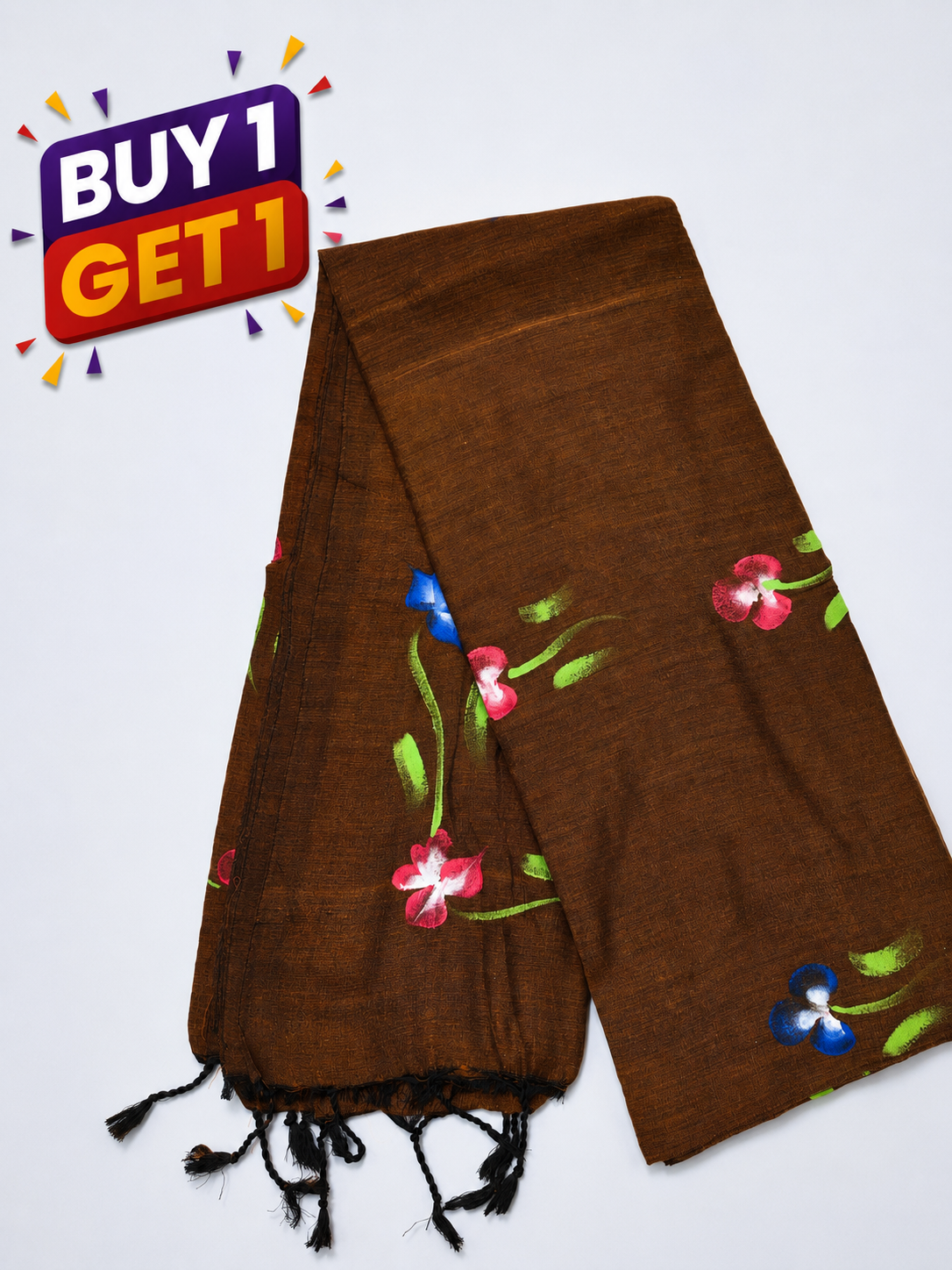 Elegant Brown Floral Mull Cotton Saree with Colorful Floral Print & Tassel Border