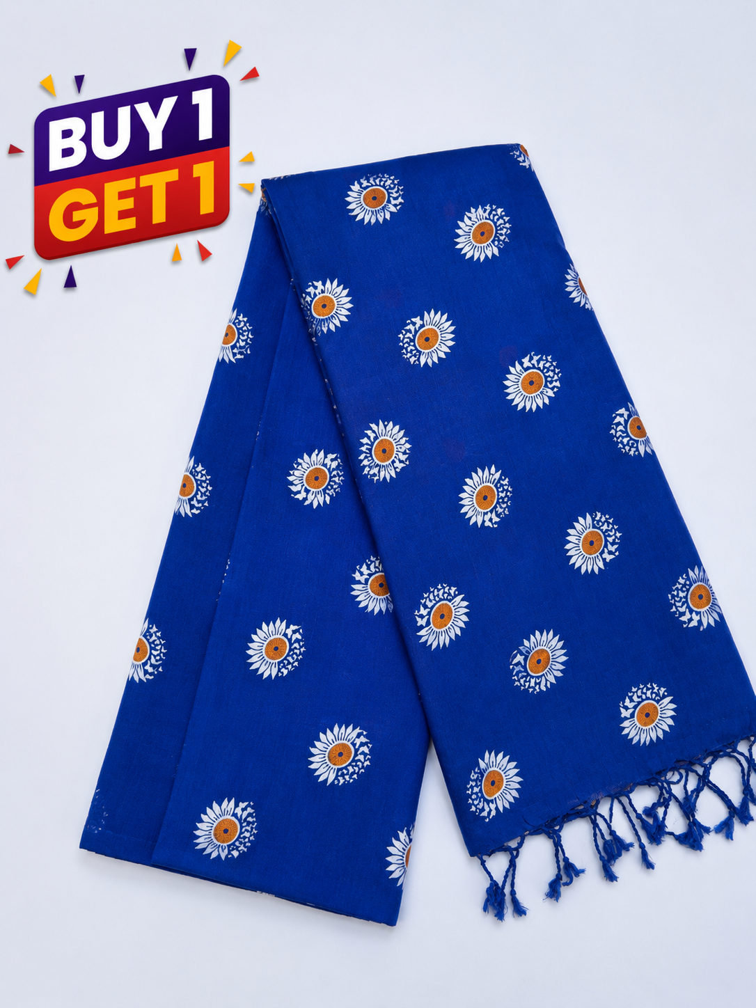 Royal Blue Floral Printed Saree with White Sunflower Motifs & Tassel Border