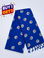 Royal Blue Floral Printed Saree with White Sunflower Motifs & Tassel Border