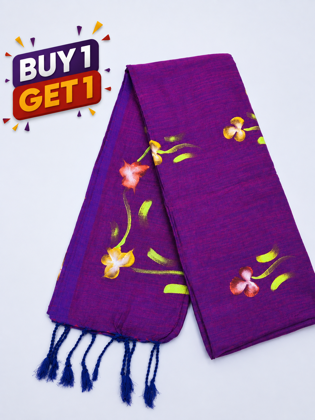 Purple Floral Printed Mull Cotton Saree with Elegant Floral Motifs & Tassel Border