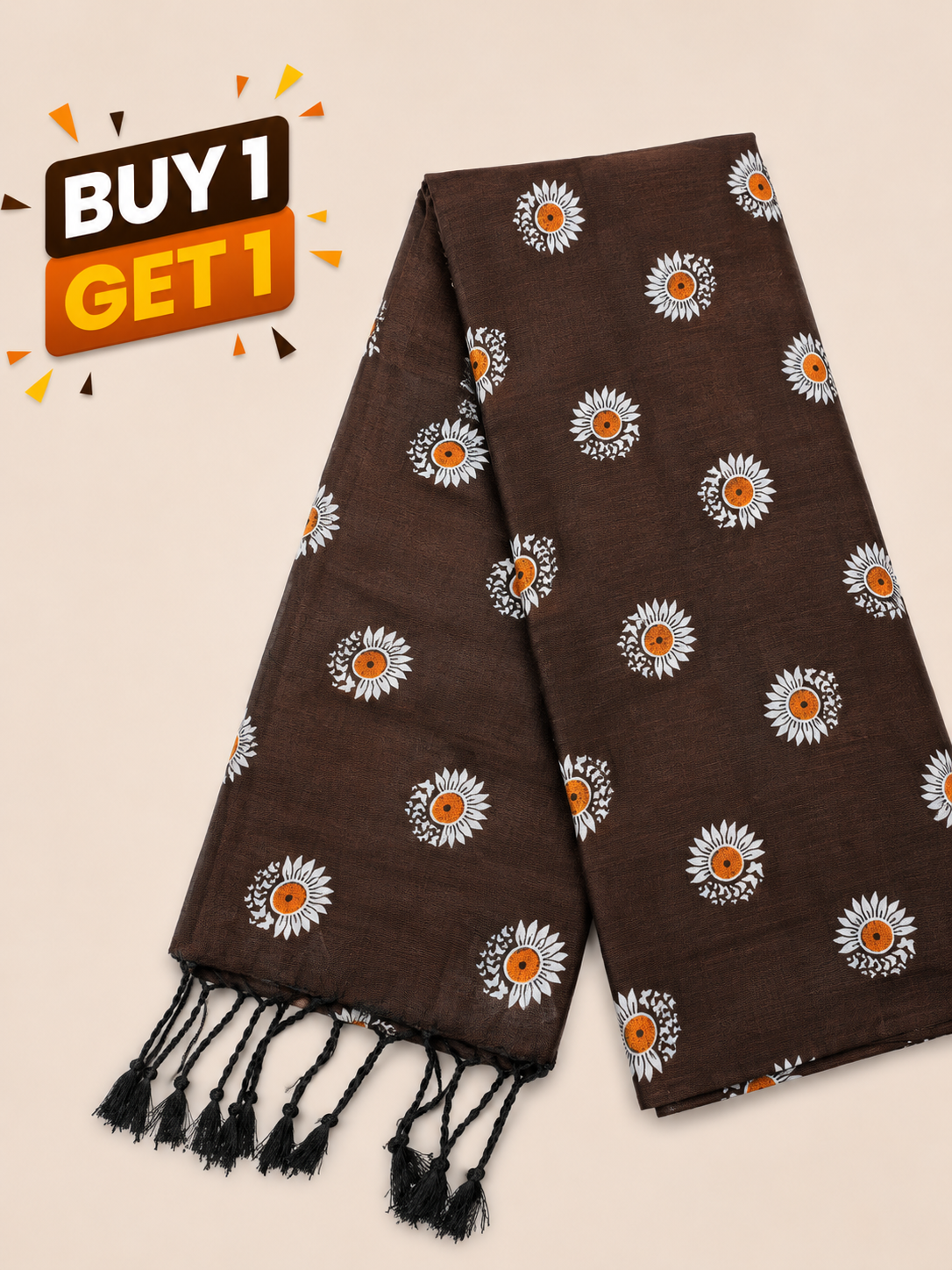 Chocolate Brown Floral Printed Mull Cotton Saree with White & Orange Flower Motifs