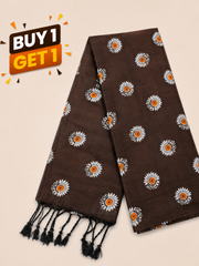 Chocolate Brown Floral Printed Mull Cotton Saree with White & Orange Flower Motifs