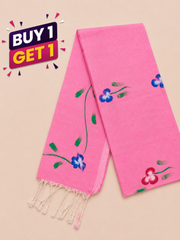 Pink Floral Printed Mull Cotton Saree with Colorful Flower Motifs & Tassel Finish