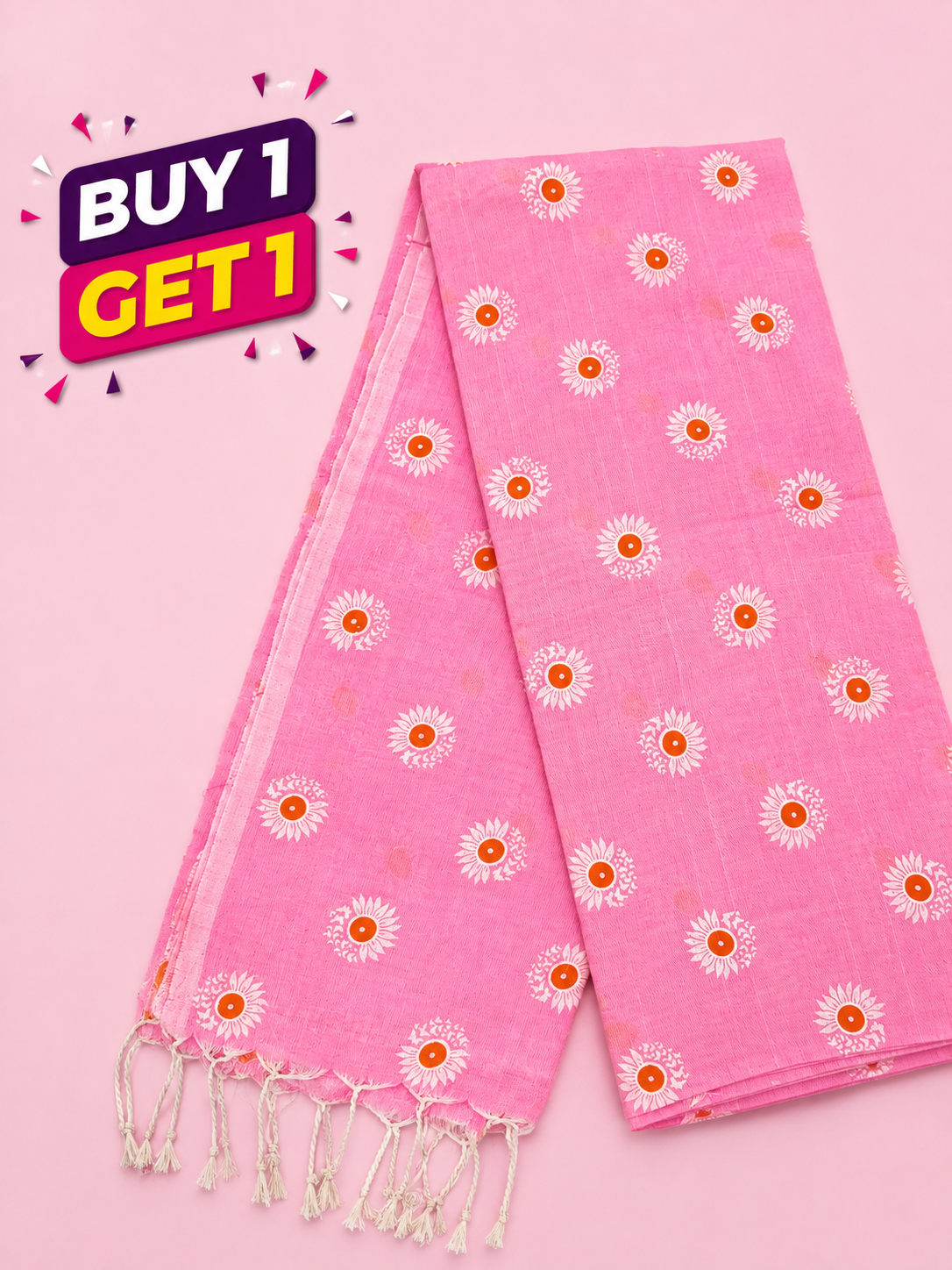 Pink Floral Printed Mull Cotton Saree with White Flower Motifs & Tassel Finish