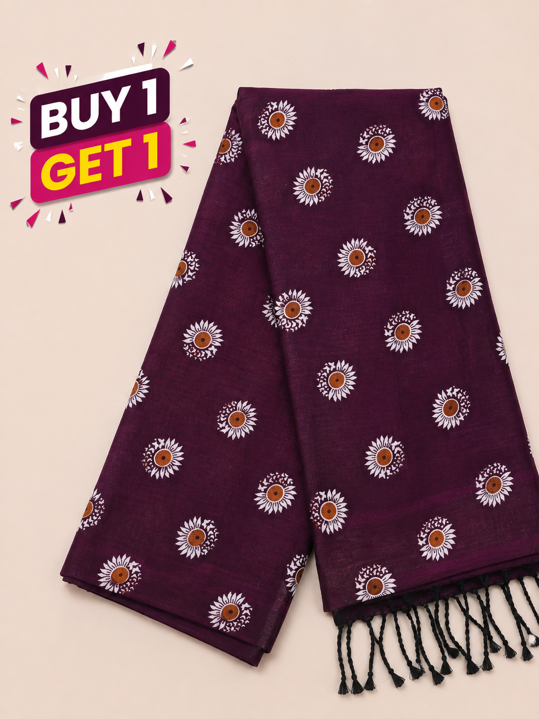 Wine Purple Cotton Saree with White Floral Print & Black Tassel Border