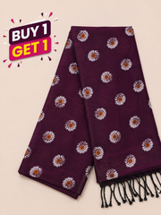 Wine Purple Cotton Saree with White Floral Print & Black Tassel Border