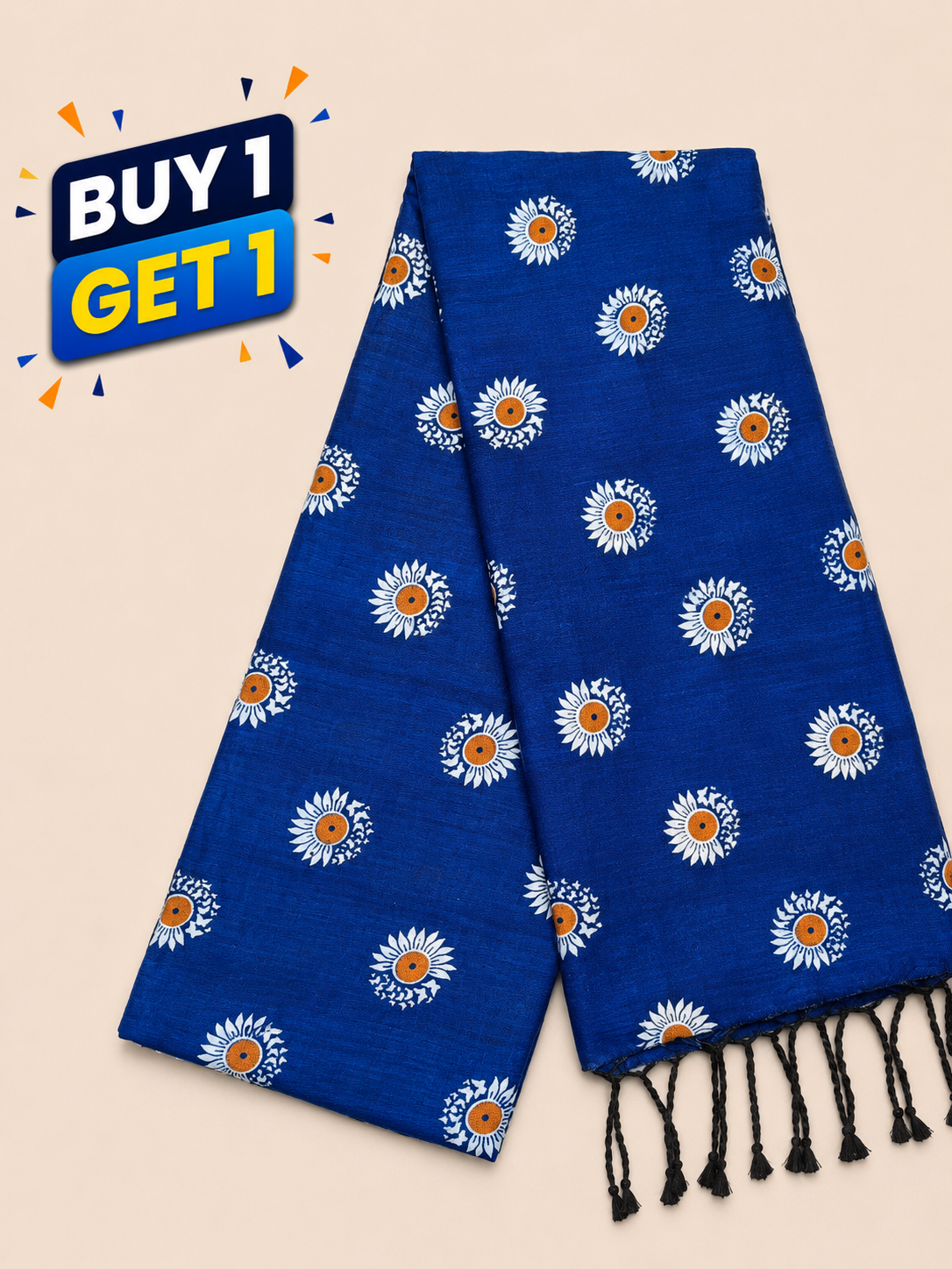 Royal Blue Cotton Saree with White Floral Print & Black Tassel Detailing
