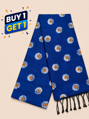 Royal Blue Cotton Saree with White Floral Print & Black Tassel Detailing