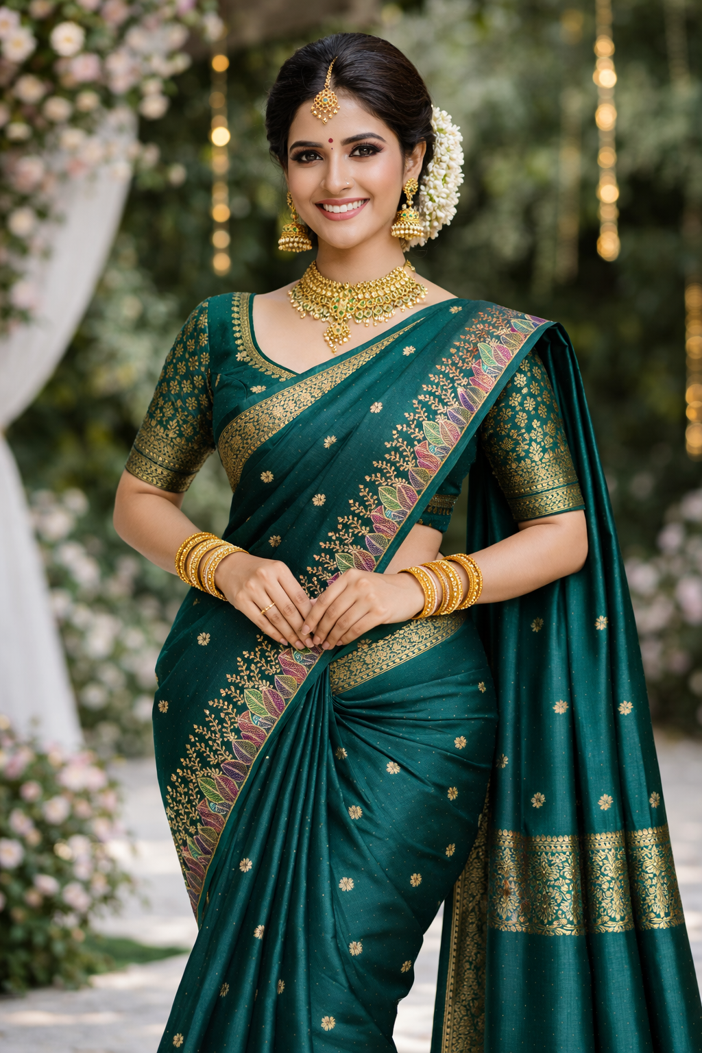 Bottle Green Embroidered Semi Silk Saree with Leaf 