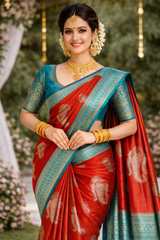 Sharvani Red Kanchipuram 100% Silk Saree with Blue Border VR MISS | Sarees that defines you