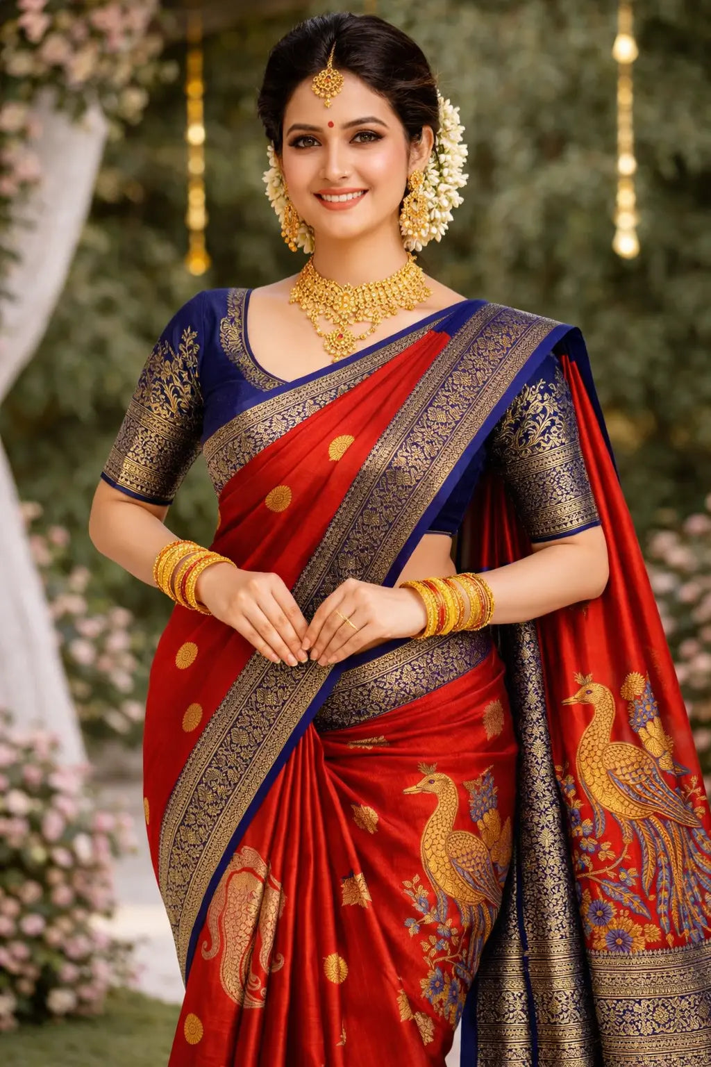 Red & Navy Blue Kanchipuram 100% Silk Saree 