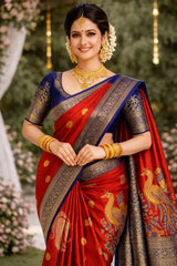 Red & Navy Blue Kanchipuram 100% Silk Saree 