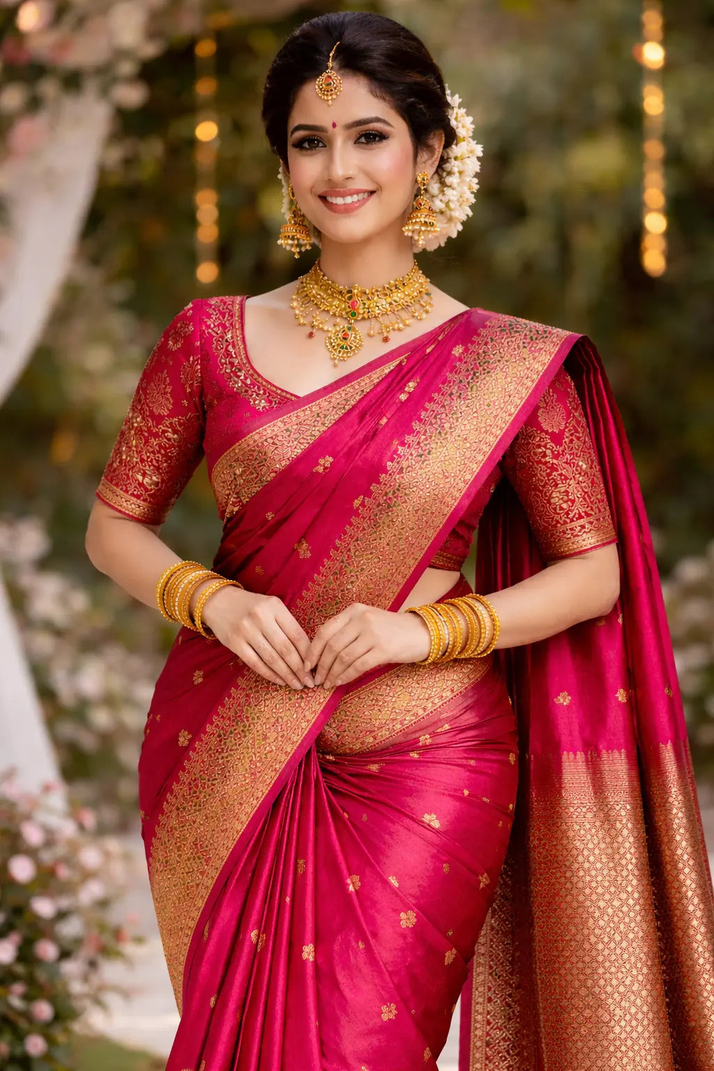 Rani Pink Kanchipuram 100% Silk Saree with Green Zari Border