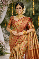 Sunset Gold & Coral Red Kanchi Fancy Pure Silk Saree with Dual Paisley Weave VR MISS | Sarees that defines you