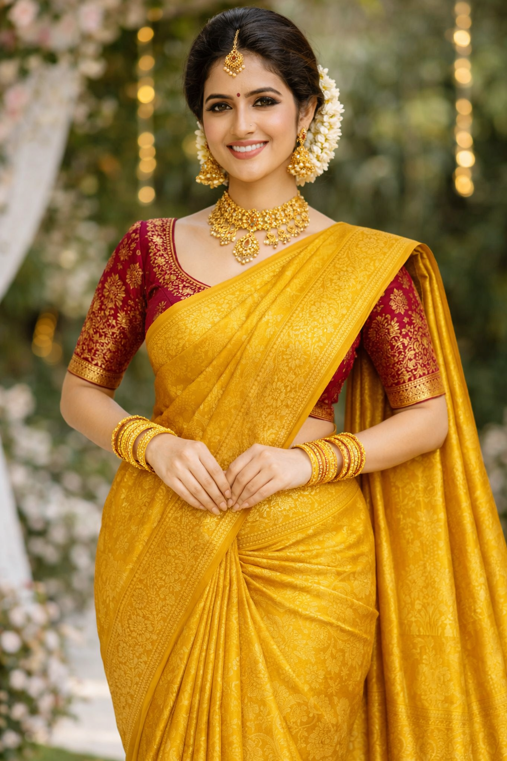 Harshita Yellow Kanchipuram 100% Pure Silk Saree with All-Over Zari Weave