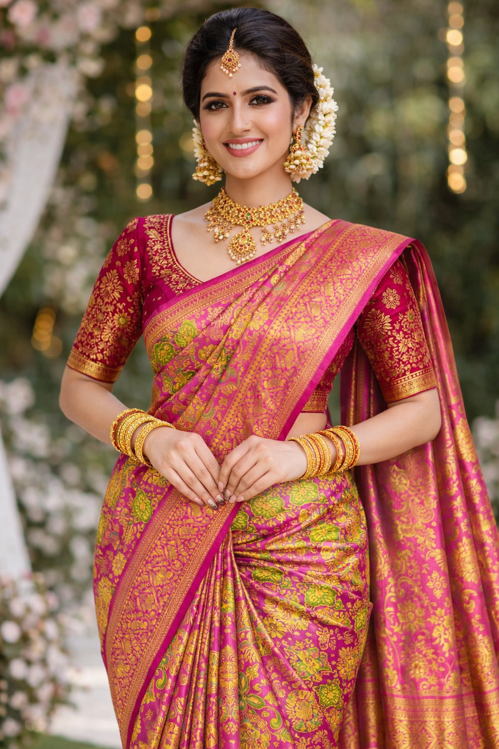  Pink Kanchipuram 100% Silk Saree with Green & Zari 