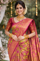  Pink Kanchipuram 100% Silk Saree with Green & Zari 