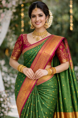 Vaishnavi Green Kanchipuram 100% Silk Saree with Pink Zari Pallu VR MISS | Sarees that defines you