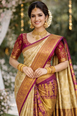 Pastel Gold Kanchipuram 100% Silk Saree with Purple Zari Border & Wedding Scene Motifs VR MISS | Sarees that defines you