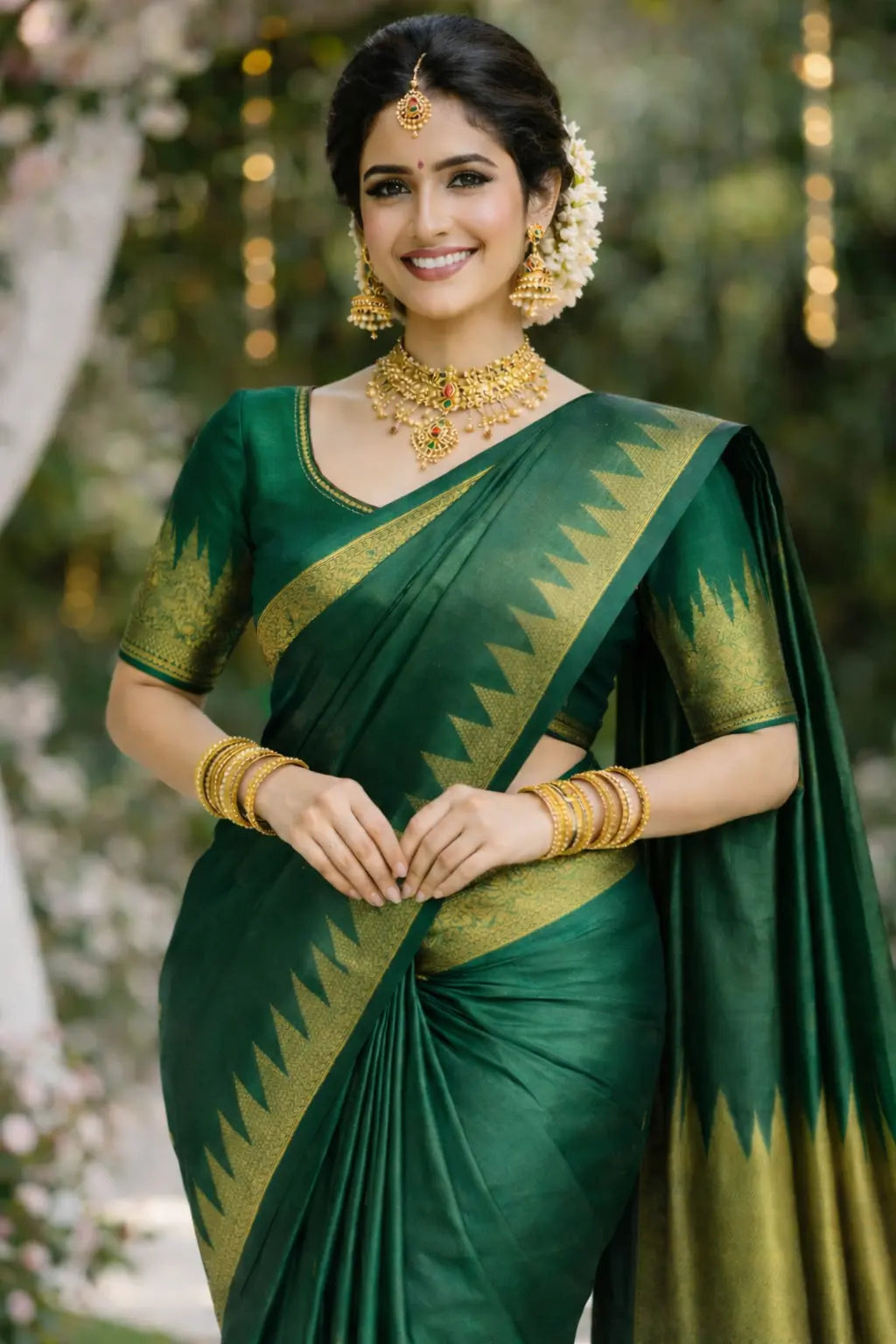 Emerald Green Kanchipuram Silk Saree with Gold Zari Pallu & Zigzag Temple Border VR MISS | Sarees that defines you