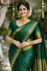 Emerald Green Kanchipuram Silk Saree with Gold Zari Pallu & Zigzag Temple Border VR MISS | Sarees that defines you