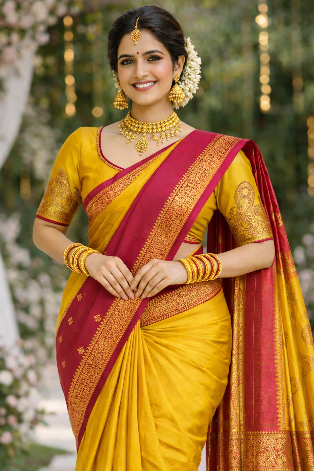 Saanvi Yellow Kanchipuram 100% Silk Saree with Pink Pallu VR MISS | Sarees that defines you