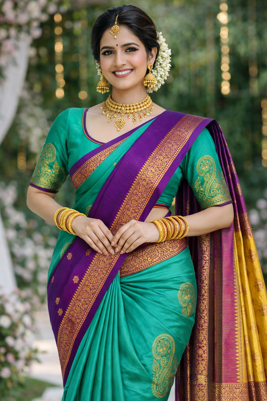 Aqua Green & Royal Purple Kanchipuram Pure Silk Saree with Paisley Motifs VR MISS | Sarees that defines you