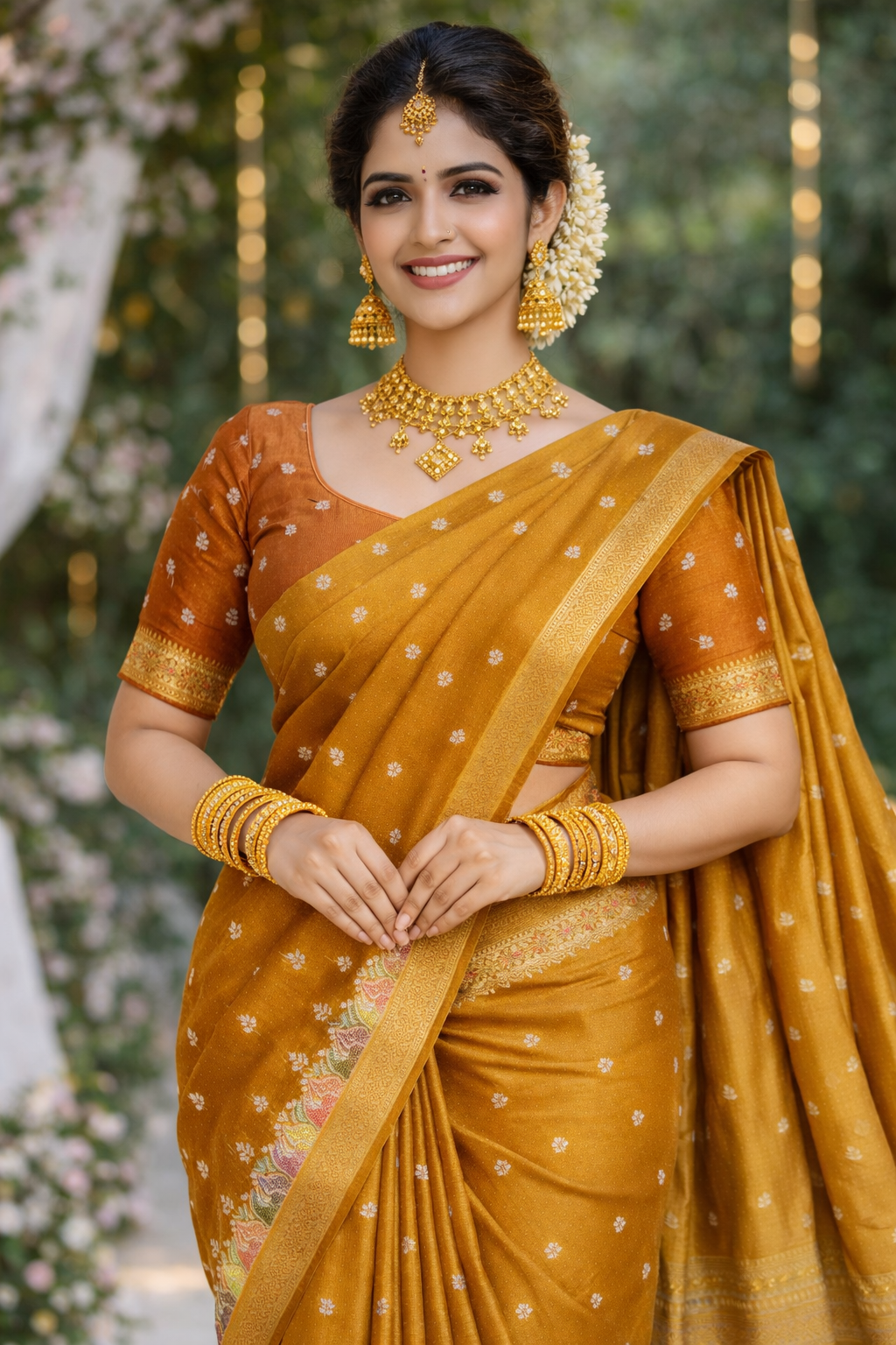 Golden Ochre Charm Embroidered Semi Silk Saree 