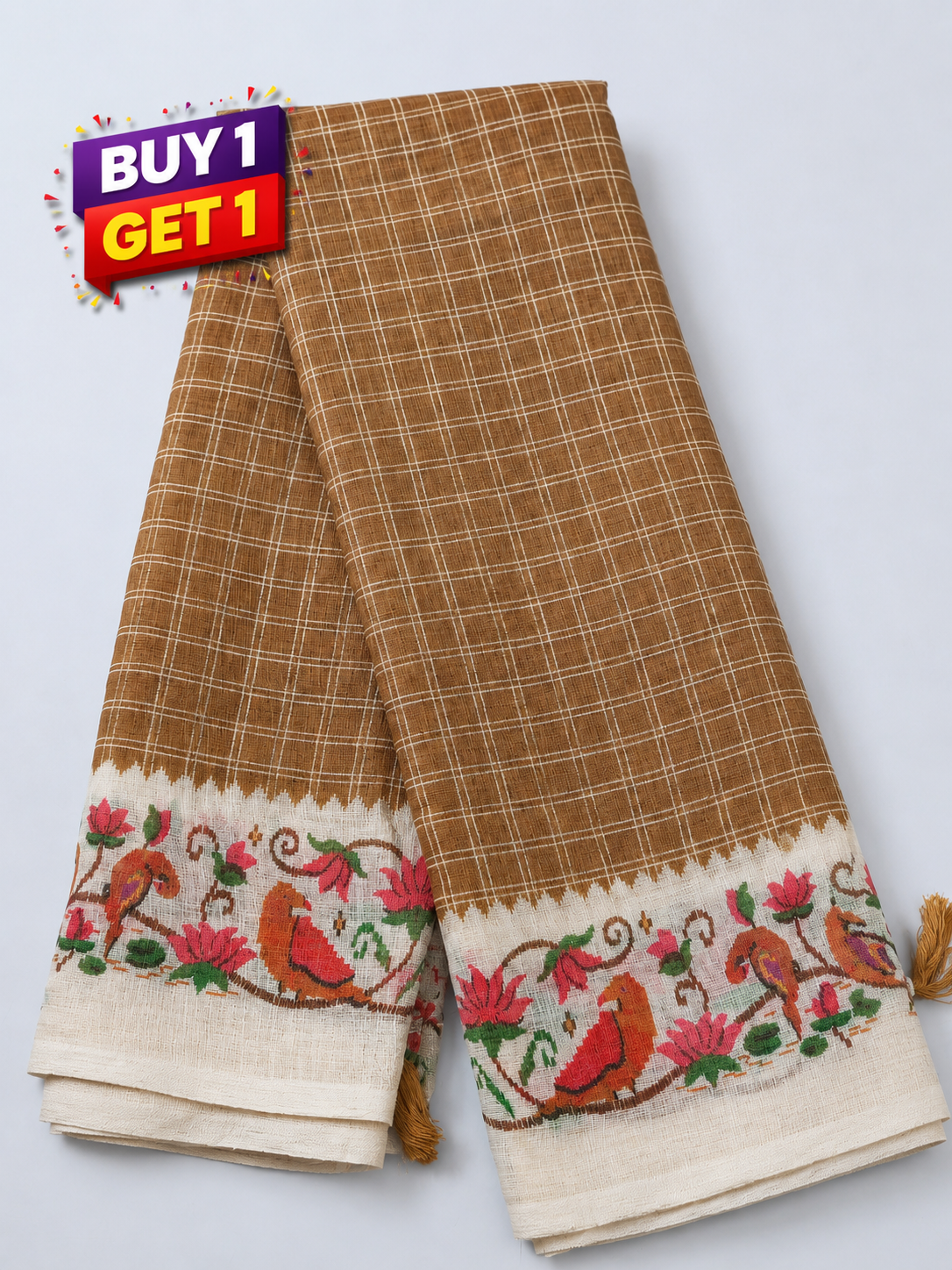 Brown Checked Linen Cotton Saree with Floral Bird Border