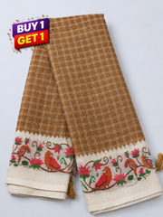 Brown Checked Linen Cotton Saree with Floral Bird Border