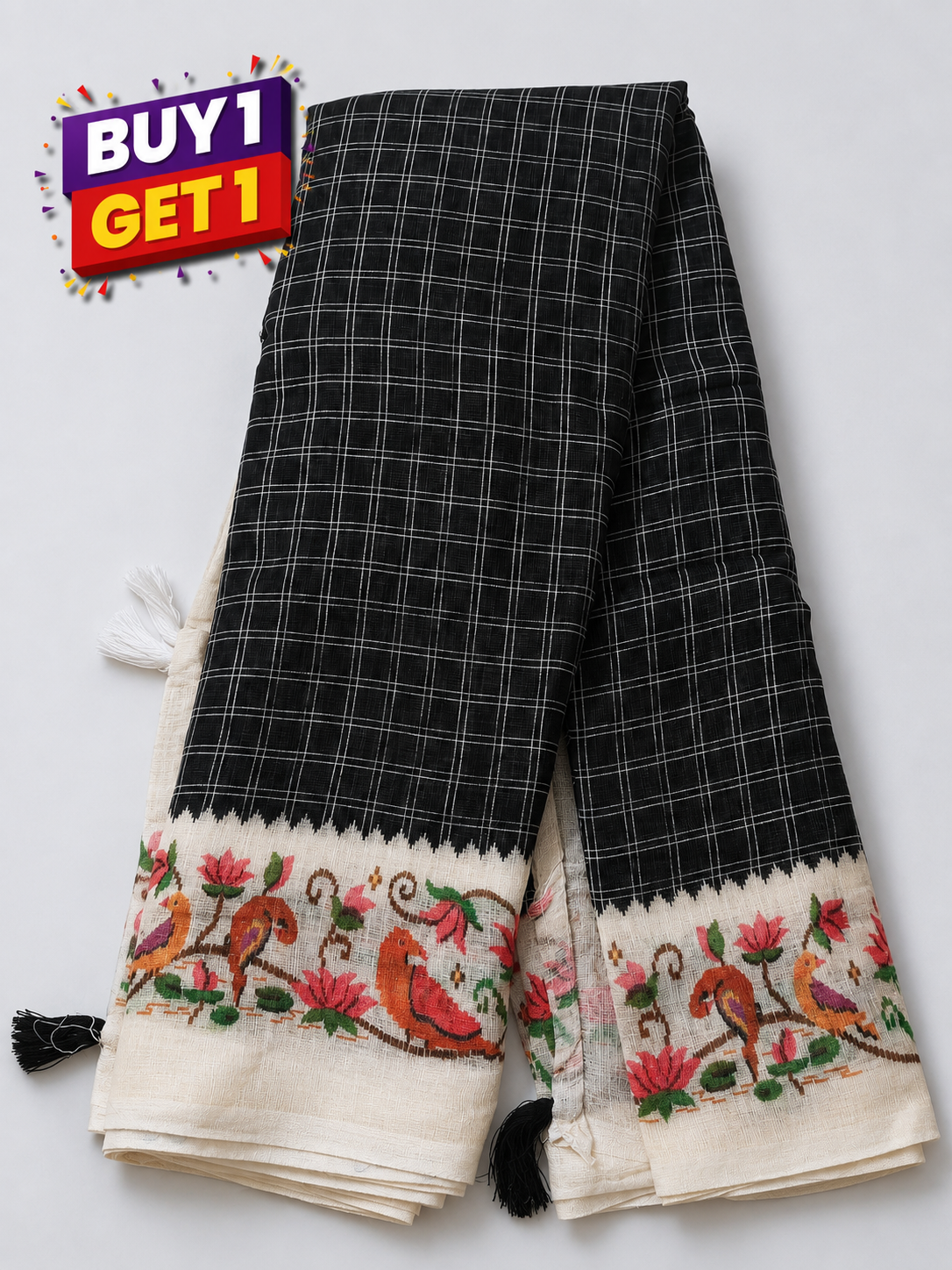 Classic Black Linen Cotton Saree with Handcrafted Bird Border