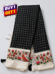 Classic Black Linen Cotton Saree with Handcrafted Bird Border
