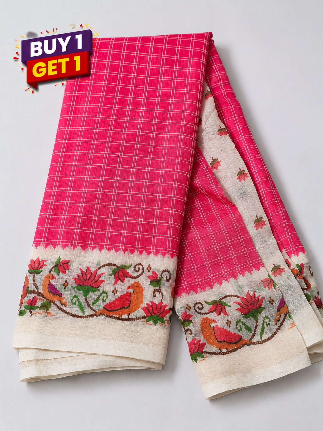 Blush Pink Checked Linen Cotton Saree with Floral Bird Border
