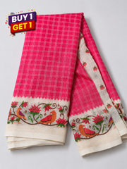 Blush Pink Checked Linen Cotton Saree with Floral Bird Border