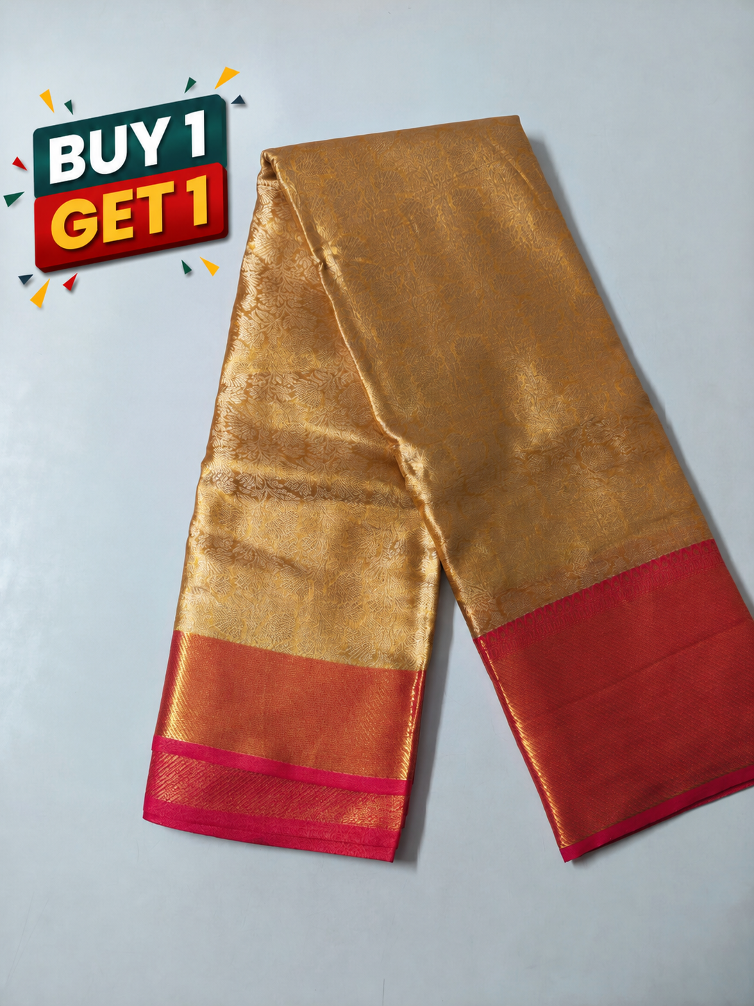 Golden Soft Silk Saree with Pink Contrast Border & Floral Zari Weaving
